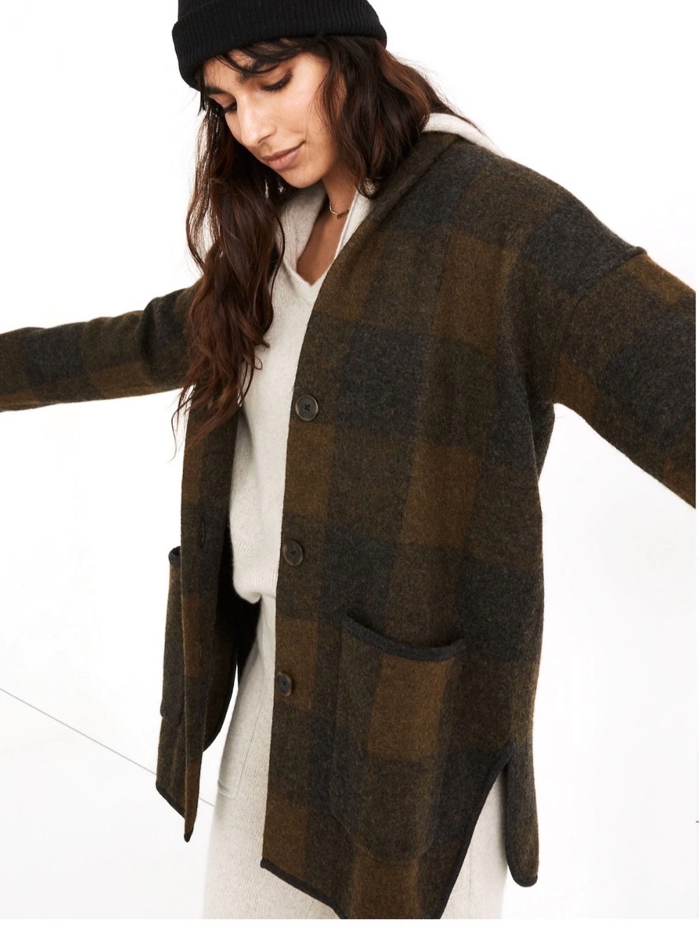 Madewell Boiled Merino Wool Buffalo Check Sweater Coat Womens Size Large Grandpa